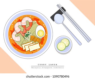 Illustration Vector Flat Cartoon Isolated Asian Food Isolated Top View. Laksa Noodles Soup Is Street Food At Malaysia,Singapore,Indonesia