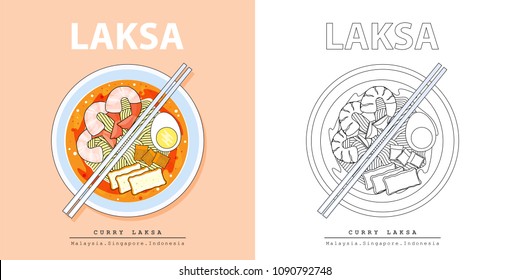 Illustration Vector Flat Cartoon Isolated Asian Food Isolated Top View. Laksa Noodles Soup Is Street Food At Malaysia,Singapore,Indonesia