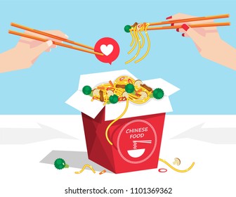 Illustration vector flat cartoon isolated of open noodle wok Chinese food box on table. Hands of man and woman holding chopsticks with heart icon.