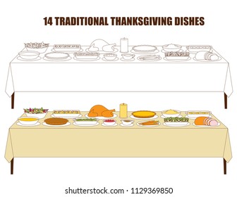 Illustration vector flat cartoon isolated of thanksgiving dinner table setting of family on holiday party