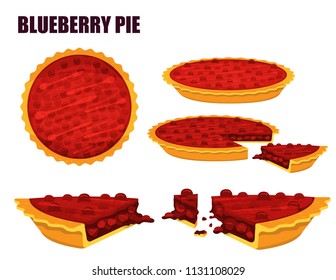 Illustration vector flat cartoon isolated cranberry or red berry pie on white background top view and side view for server on table at bakery shop