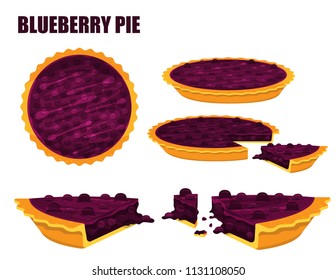 Illustration vector flat cartoon isolated blueberry or purple berry pie on white background top view and side view for server on table at bakery shop