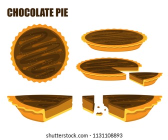 Illustration vector flat cartoon isolated chocolate or coffee or dark brown pie on white background top view and side view for server on table at bakery shop