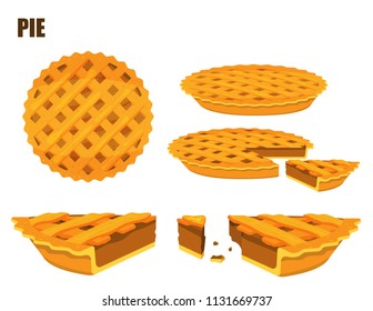 Illustration vector flat cartoon isolated meat or beef pie on white background top view and side view for server on table at bakery shop