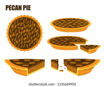 Illustration vector flat cartoon isolated pecan or chocolate pie on white background top view and side view for server on table at bakery shop