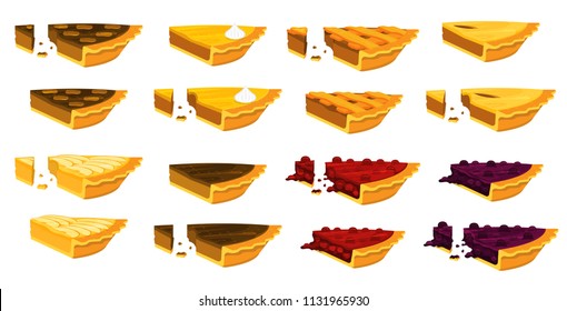 Illustration vector flat cartoon isolated on white background of piece of pie set. Piece of Apple,pecan,pumpkin,blueberry,cherry pie for plate on table on eating dessert concept