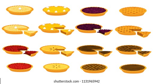 Illustration vector flat cartoon isolated on white background of piece of pie set. Piece of Apple,pecan,pumpkin,blueberry,cherry pie for plate on table on eating dessert concept