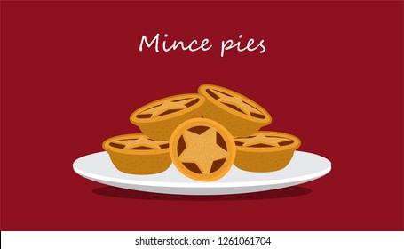 illustration vector flat cartoon isolated food of traditional star shaped mince pie or mincemeat on white plate on merry christmas party season   