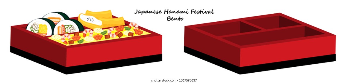 Illustration vector flat cartoon isolated of Japanese Cherry blossom viewing picnic  festival lunch box. 