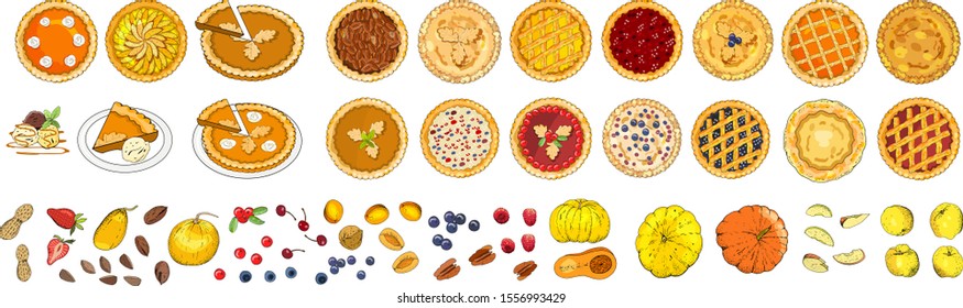 Illustration vector flat cartoon isolated on white background of whole of pie set. Piece of Apple,pecan,pumpkin,blueberry,cherry pie for plate on table on eating dessert concept