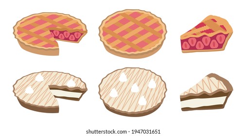 Illustration vector flat cartoon isolated on white background of whole of pie set. top view and side view for server on table at bakery shop
