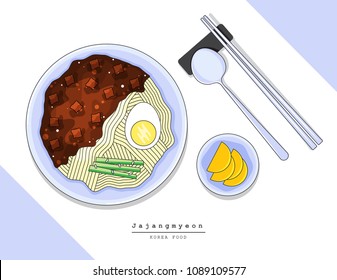 Illustration vector flat cartoon of 
Jajangmyeon Korean food on table at restaurant with chopsticks