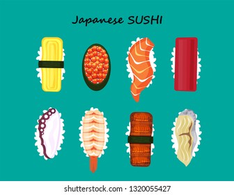 illustration vector flat cartoon of Japanese food top view on table. Mix Sushi set