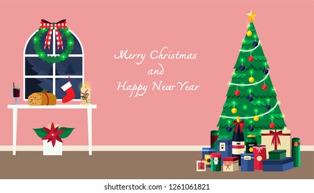 illustration vector flat cartoon of merry christmas and happy new year invitation party card, christmas tree with gifts,fruit cake,mulled wine,winndow and sock,wreath flower and bow, poinsettai 