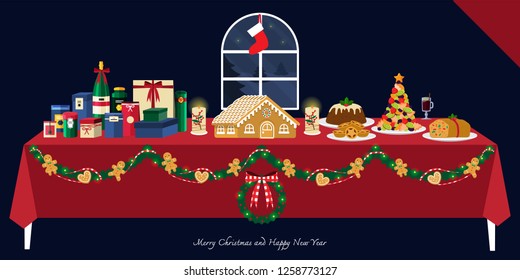 Illustration vector flat cartoon of mince pie, gingerbread house, fruit cake on Dinner table setting with pile of gifts or presents boxes on happy new year or merry christmas eve party
