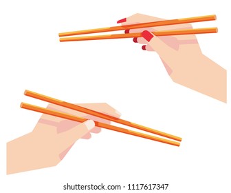 Illustration vector flat cartoon on chopsticks and hand of asian couple man and woman isolated on white background