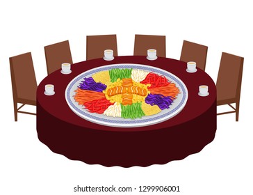 illustration vector flat cartoon on happy Chinese new year 2019 year of pig decoration traditional food Yusheng on table.Family dinner party at home or restaurant