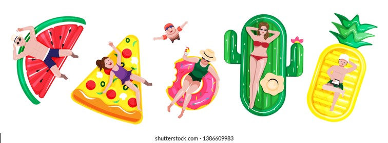 illustration vector flat cartoon of people man,woman,kids fun and relaxing on inflatable isolated on white background.