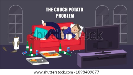 Illustration vector flat cartoon people of young lazy fat man laying down on sofa and watching tv all day in messy living room as couch potato lifestyle problem concept