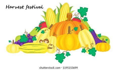 Illustration vector flat cartoon pile of organic vegetables and fruits grave corn tomatoes eggplant pumpkin on happy harvest festival or thanksgiving day concept