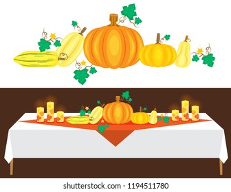 Illustration vector flat cartoon of pumpkin setting decoration on dinner table for celebration on happy Thanksgiving day. Object on greeting card,voucher,coupon,ads of restaurant, invitation party