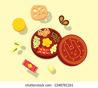 Dibujo vectorial de ilustración de caja de caramelos roja china aislada en la vista superior del fondo. Feliz regalo de año nuevo chino. Monedas de chocolate, confitadas secas, semillas de loto, raíz de loto confitado seca, semillas de melón