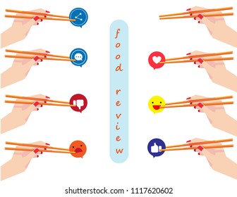 Illustration Vector Flat Cartoon Of Reviewer Or Customer Hand Holding Chopsticks And Emoticons Sign For Rate Food Taste On Social Media Or Site