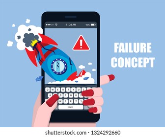 illustration vector flat cartoon of rocket launch as failure new startup business concept