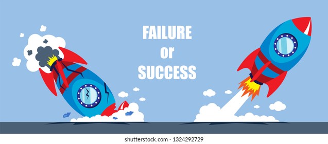 illustration vector flat cartoon of rocket launch as growth and failure new startup business concept