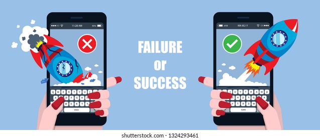 illustration vector flat cartoon of rocket launch as growth and failure new startup business concept