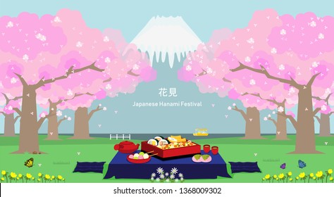 Illustration vector flat cartoon scene landscape of Japanese cherry blossom or Sakura flower park at Hanami festival on spring season