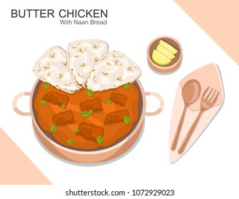 Illustration vector flat cartoon set menu Indian food of chicken butter with Nan bread and lemon slice  isolated on table top view at restaurant