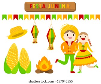 illustration vector flat cartoon style of cute object on Festa Junina of Brazil and Portugal