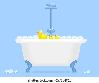 illustration vector flat cartoon style of rubber duck in  tub bath with bubble soap.