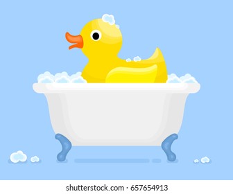 Illustration Vector Flat Cartoon Style Of Rubber Duck In  Tub Bath With Bubble Soap.