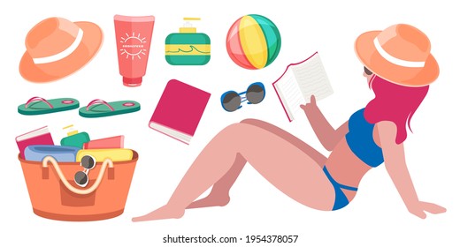 illustration vector flat cartoon of sunscreen packageing drink and summer accessories bag isolated on white background