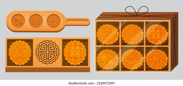 Illustration Vector Flat Cartoon Top View Of Mooncake Box And Wood Tradition Maker Isolated On Background