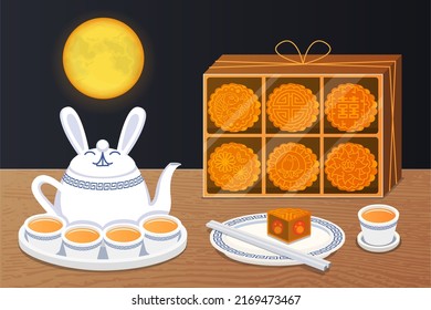 Illustration Vector Flat Cartoon Top View Of Mooncake On Table With Tea Pot And Wood Tradition Maker On Sale Voucher