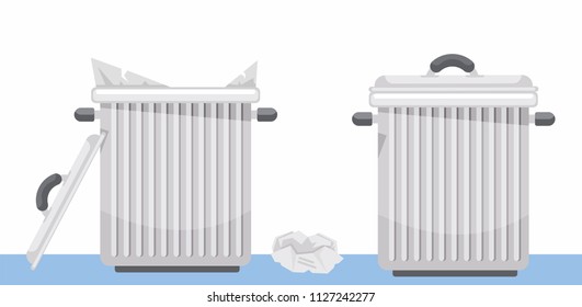 Illustration vector flat cartoon of trash can isolated on white background closing and opening on floor outdoor