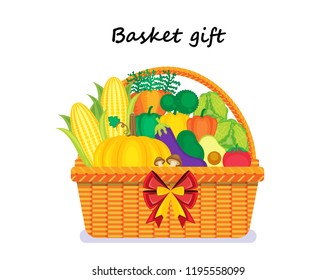 Illustration vector flat cartoon wicker basket or hamper isolated on white background. Pile of organic vegetables as healthy food for giving gift on holiday