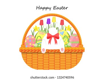 Illustration vector flat cartoon of wicker picnic basket with spring season flower and coloring eggs on happy Easter day as concept