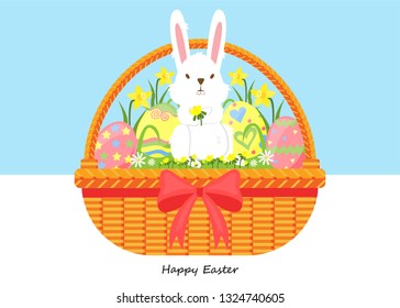 Illustration vector flat cartoon of wicker picnic basket with spring season flower and coloring eggs on happy Easter day as concept