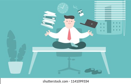 Illustration vector flat cartoon of young asian businessman working at office on desk in room. Man sitting and meditating on table for mindfulness and good performance management