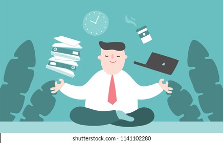 Illustration vector flat cartoon of young Asian businessman working at office on desk in room. Man sitting and meditation on table and control work like juggling. Natural background