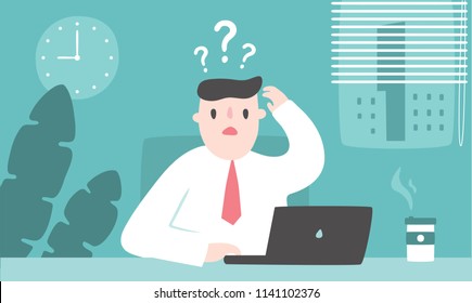 Illustration vector flat cartoon of young asian businessman working at office on desk in room. Man  confuse and doubt study on using computer at work.