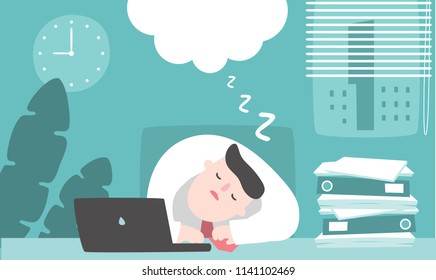 Illustration vector flat cartoon of young asian businessman working at office on desk in room. Man lazy and sleeping on table. Worker dreaming about vacation