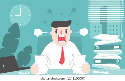 Illustration vector flat cartoon of young asian businessman working at office on desk in room. Man who is boss angry and break up on fail or wrong paperwork document from employees