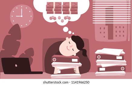 Illustration vector flat cartoon of young Asian businesswoman working at office on desk in room. Woman sleepy and dreaming about money,income,bonus or reward on work