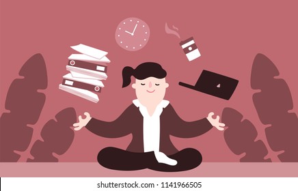 Illustration vector flat cartoon of young Asian businesswoman working at office on desk in room. Woman sitting and meditation on table and control work like juggling. Natural background