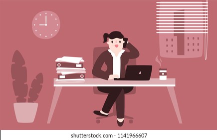 Illustration vector flat cartoon of young Asian businesswoman working at office on desk in room. Woman talking and consulting with customer for service or using computer